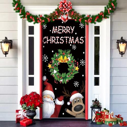 2025 Christmas and Halloween Front Door Cover, Halloween Fitted Elastic Fabric Stretchable Stretch Door Cover, a Fun and Festive Christmass Decor for Indoor Outdoors Home Ornament (1) von NNBWLMAEE