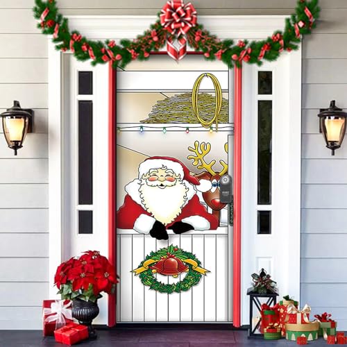 2025 Christmas and Halloween Front Door Cover, Halloween Fitted Elastic Fabric Stretchable Stretch Door Cover, a Fun and Festive Christmass Decor for Indoor Outdoors Home Ornament (14) von NNBWLMAEE