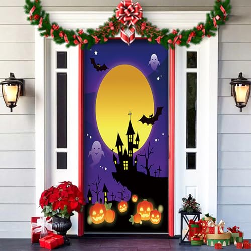 2025 Christmas and Halloween Front Door Cover, Halloween Fitted Elastic Fabric Stretchable Stretch Door Cover, a Fun and Festive Christmass Decor for Indoor Outdoors Home Ornament (17) von NNBWLMAEE