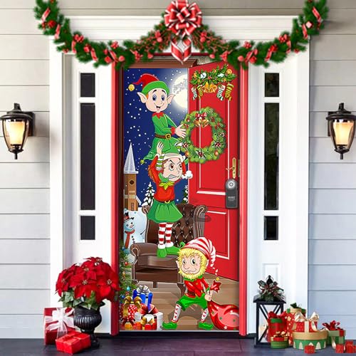 2025 Christmas and Halloween Front Door Cover, Halloween Fitted Elastic Fabric Stretchable Stretch Door Cover, a Fun and Festive Christmass Decor for Indoor Outdoors Home Ornament (19) von NNBWLMAEE