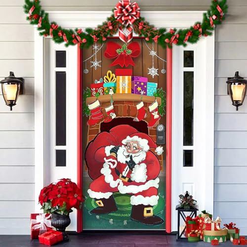 2025 Christmas and Halloween Front Door Cover, Halloween Fitted Elastic Fabric Stretchable Stretch Door Cover, a Fun and Festive Christmass Decor for Indoor Outdoors Home Ornament (21) von NNBWLMAEE
