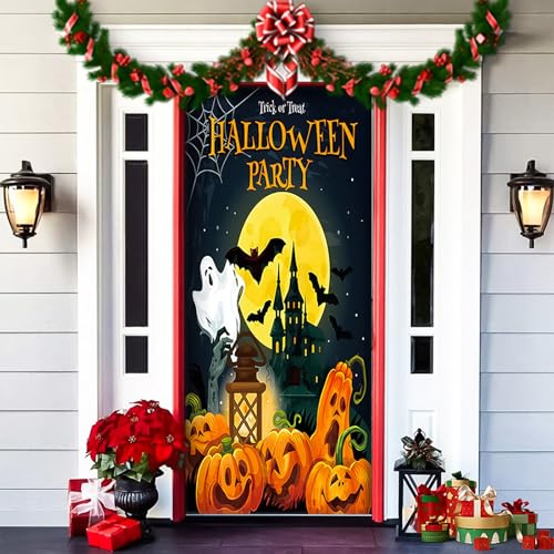2025 Christmas and Halloween Front Door Cover, Halloween Fitted Elastic Fabric Stretchable Stretch Door Cover, a Fun and Festive Christmass Decor for Indoor Outdoors Home Ornament (27) von NNBWLMAEE