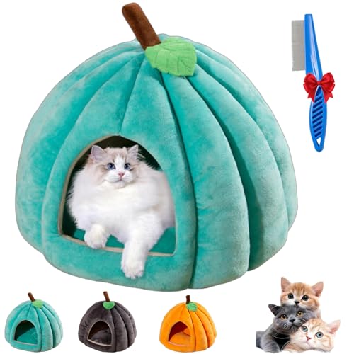 Kürbis-Katzenbett, 2025 Neue Halloween-Katzenhöhle, Süßes Katzenzelt In Kürbisform Mit Abnehmbarem Kissen, Warmes Nest Für Katzen Und Welpen Für Drinnen (Blue,L) von NNBWLMAEE