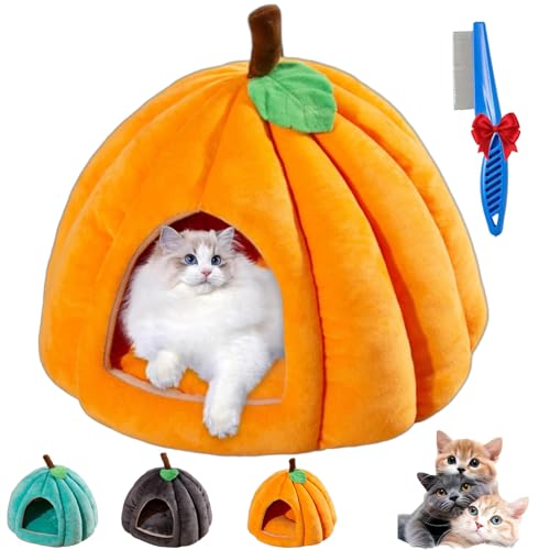 Kürbis-Katzenbett, 2025 Neue Halloween-Katzenhöhle, Süßes Katzenzelt In Kürbisform Mit Abnehmbarem Kissen, Warmes Nest Für Katzen Und Welpen Für Drinnen (Orange,S) von NNBWLMAEE