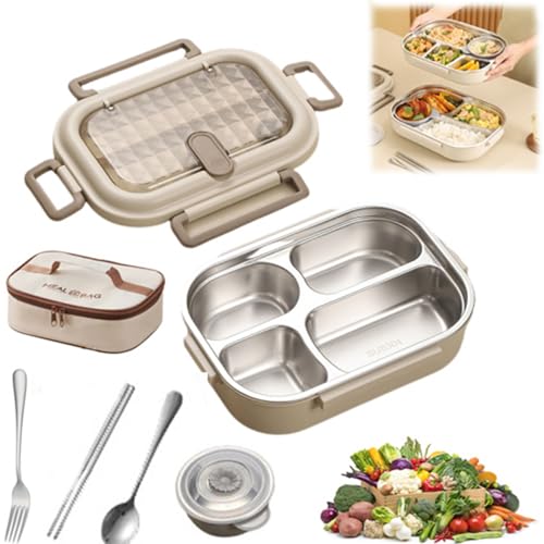 NNBWLMAEE Mikrowellengeeignete, isolierte Bento-Box aus Edelstahl, tragbare Lunchbox für Kinder und Erwachsene, auslaufsicherer Lebensmittelbehälter (1500Ml-4Netz) von NNBWLMAEE