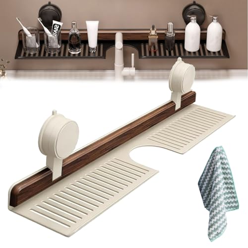Walnut Suction Cup Bathroom Shelf, Removable Wood Faucet Storage Rack, Wall Mounted Sink Shelf Over Faucet, No Drill, for Bathroom & Kitchen, Storage for Toiletries, Bottles, Space Saver (white,27in) von NNBWLMAEE