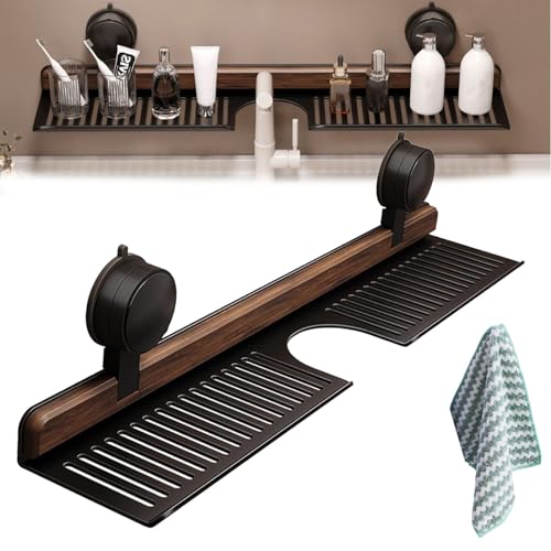 Walnut Suction Cup Bathroom Shelf, Removable Wood Faucet Storage Rack, Wall Mounted Sink Shelf Over Faucet, No Drill, for Bathroom & Kitchen, Storage for Toiletries, Bottles, Space Saver (black,31in) von NNBWLMAEE