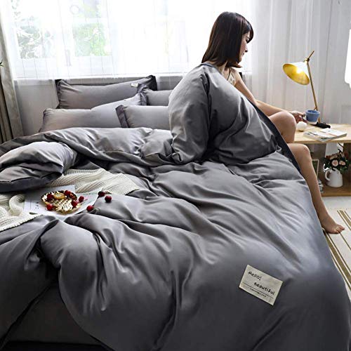 Solides Seiden-Bettwäsche-Set, 4-teilig, ultraweich, knitter- und lichtbeständig, mit Reißverschluss und Bändern, Grau King (Braun 1 King) (Blau 1 King) (Grau Queen) von NNJFEJFJGMGRU