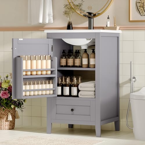 51x46x85cm Bodenstehender Badezimmerschrank mit Waschbe, Waschtisch,komplett lackiert, Türablage, geräuschlose Schublade mit großem Fassungsvermögen, verstellbares Regal, Keramikwaschbecken (Grau) von NNJN