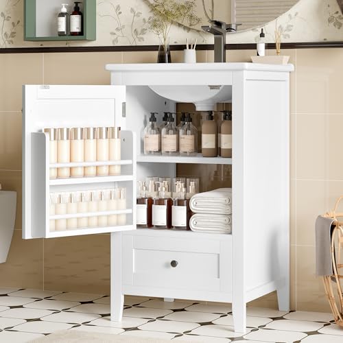 51x46x85cm Bodenstehender Badezimmerschrank mit Waschbe, Waschtisch,komplett lackiert, Türablage, geräuschlose Schublade mit großem Fassungsvermögen, verstellbares Regal, Keramikwaschbecken (weiß) von NNJN