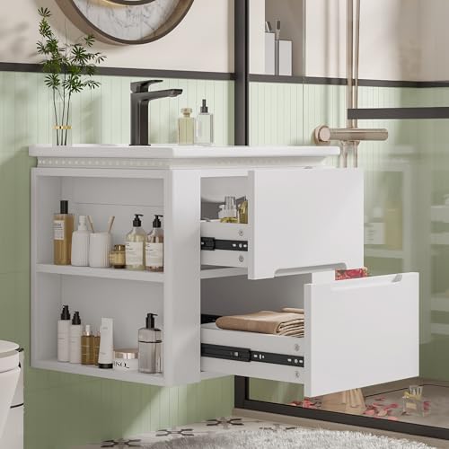 61x46x48.5cm wandhängend Badezimmerschränk, komplett lackiert, LED-Radarsensor-Beleuchtung, zwei Schubladen, leise Gleitschienen, Zwei seitliche Ablagen, Waschtisch, integriertes Waschbecken, weiß von NNJN