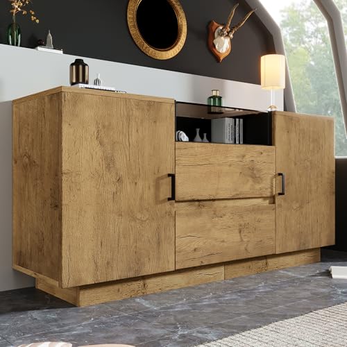 Eichenoptik Kommode Sideboard mit 2 Schubladen + 2 Schränken (innen höhenverstellbar) & offenem Fach - ESG-Glas & Schwarze Griffe, H70/B140/T40 cm von NNJN