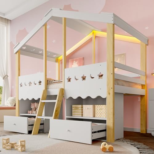Halbhohes Bett,90x200cm,Hausform,Hochbett,2 Schubladen,LED-Lichtleiste,ohne Matratze,Weiß + Natur Halbhohes Bett,90x200cm,Hausform,Hochbett,2 Schubladen,LED-Lichtleiste,ohne Matratze,Weiß + Natur von NNJN