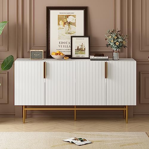Modernes, Elegantes Sideboard mit 4 Türen, goldfarbener Metallgriff, Buffetschrank für Esszimmer, Wohnzimmer, Schlafzimmer, Flur (Weiß) von NNJN