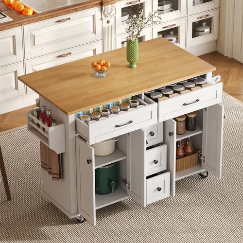 Multifunktionaler Küchenwagen mit ausklappbarer Arbeitsplatte, 120×65 cm erweiterbar, mit 5 Schubladen, Schränken, Gewürz- & Handtuchhalter, auf Rollen – Kücheninsel für Küche, Esszimmer & Wohnzimmer von NNJN