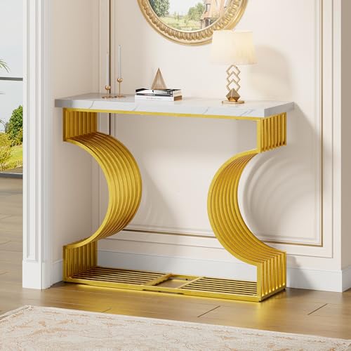 NNJN 100 * 35 * 80cm moderner Schlichter weißer Hochglanz-Couchtisch, Kleiner Beistelltisch für das Wohnzimmer, Konsolentisch, Goldener Fuß, Zwei Aufstellmöglichkeiten von NNJN