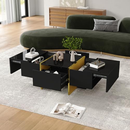 NNJN 100 * 50 * 35cm Hochglanz moderner Wohnzimmer-Couchtisch, mit 4 Schubladen Couchtisch, Aufbewahrungs-Wohnzimmertisch, Kleiner Wohnungs-Aufbewahrungs-Beistelltisch (schwarz) von NNJN