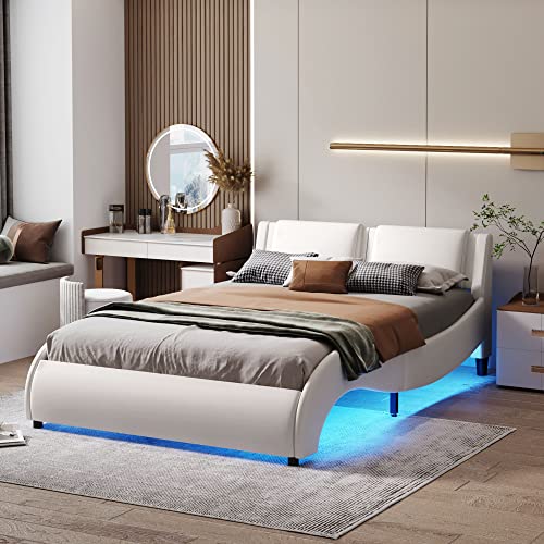 NNJN 140 x 200cm Polsterbett Kunstlederbett mit LED-Lichtbettgestell mit Lattenrosten (Weiß) von NNJN
