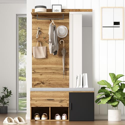 NNJN 190 cm hohes Garderobenset in Holzoptik mit Spiegel, Schuhbank (104 x 39 cm) mit Polster, Schuhschrank, Schublade, Regal, Kleiderhaken – Praktisches Design für den Eingangsbereich von NNJN