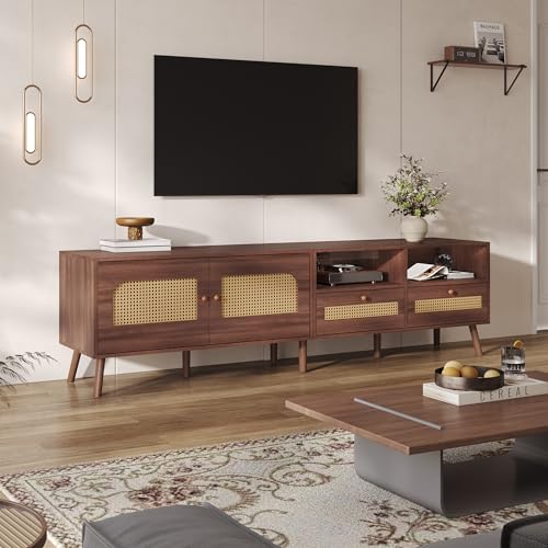 NNJN 200 * 37 * 49.5cm TV-Schrank für 80-Zoll-Fernseher mit 2 Rattantüren, 2 Schublade, Lowboard mit 8 Füßen, Braunes modernes Entertainment-Kontrollzentrum von NNJN
