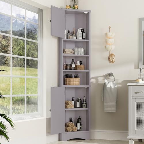 NNJN 36.5 x 24.5 x 170cmDreieckiger Badezimmerschrank, feuchtigkeitsbeständiger Lack, DREI offene Ablagefächer, Doppeltüren, verstellbare Einlegeböden, platzsparend (Grau) von NNJN