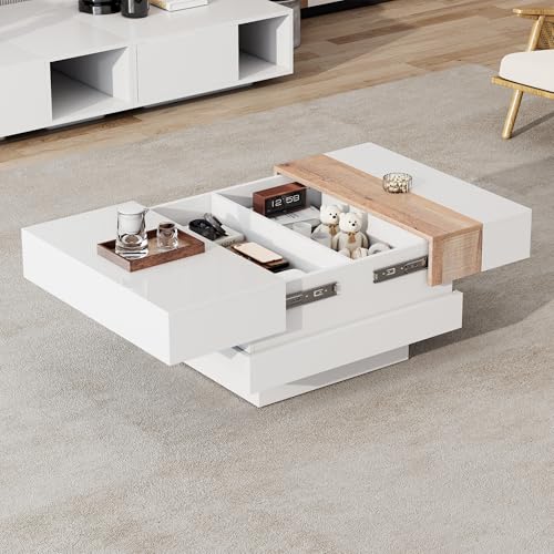 NNJN 70 * 70 * 39cm Hochglanz mit ausziehbarer Tischplatte, Beistelltisch, Quadratischer Couchtisch mit verstecktem Stauraum und Trennwänden, weiß + Primärfarbe von NNJN