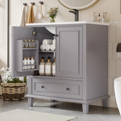 NNJN 76x46x87cm Bodenstehender Badezimmerschrank mit Waschbeck, Waschtisch,Beine aus Massivholz, MDF-Material, feuchtigkeits- und wasserdicht, großer Stauraum, integriertes Keramikwaschbecken (Grau) von NNJN