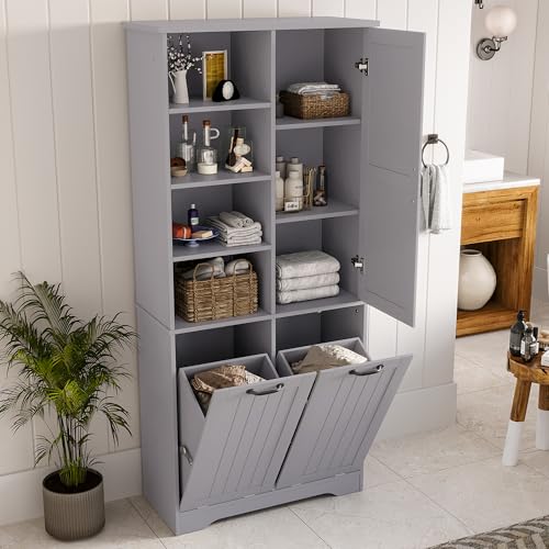 NNJN 78 x 35 x 172 cm Badezimmerschrank, feuchtigkeitsbeständige Farbe, doppelter Wäschekorb, Vier offene Fächer, eine Tür, DREI Fächer in der Tür, verstellbare Regale, viel Stauraum (Grau) von NNJN