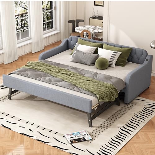 NNJN 90 * 200cm Schlafsofa, Tagesbett, mit ausziehbares Rollbett (grau) von NNJN