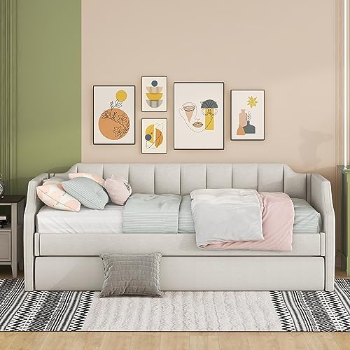 NNJN 90 x 200cm(190) Day-Betten, Gepolstertes Einzeltagesbett mit Rollbett, Schlafsofa (Beige) von NNJN