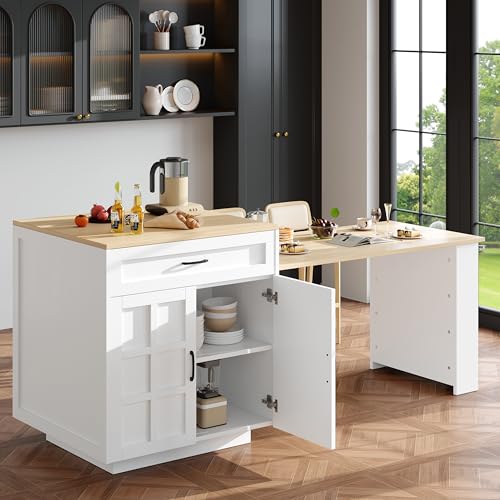 NNJN Ausziehbarer Bartisch mit Stauraum(133-202×70×93.5cm),mit Zwei Schubladen und Vier Fächern, Kücheninsel erweiterbar Tisch, für 2-6 Personen, Küchen-Esswagen mit seitlichen Ablagen (Weiß) von NNJN