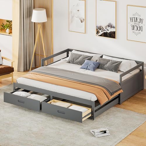 NNJN Ausziehbares Schlafsofa mit Schubladen und Lattenrosten, Kiefernbett mit Stauraum（90/180 * 200 cm） (Grau) von NNJN