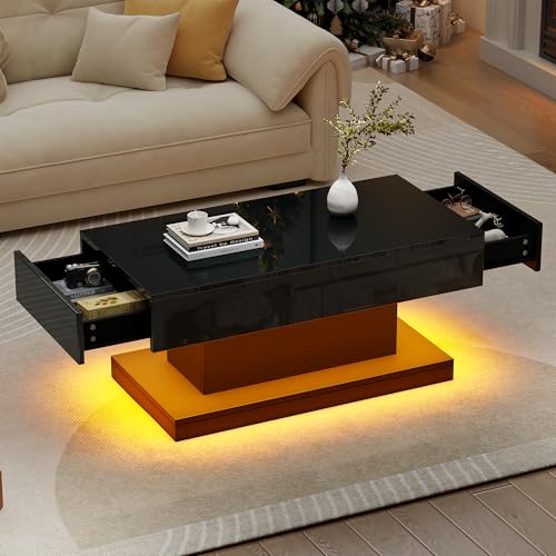 NNJN Couchtisch, Wohnzimmertisch mit 2 Schubladen, Hochglanz Beistelltisch,kaffeetisch mit LED-Lichtleiste,Schwarzer Teetisch im schlichten Design 100 * 50 * 45cm von NNJN