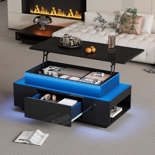 NNJN Couchtisch Höhenverstellbarer Kaffeetisch mit Verstecktem Stauraum und Schublade, 96 * 45 * 40cm Hochglanz Wohnzimmertisch, LED Sofatisch, Geeignet für Büro, Studium, Party, Schwarz von NNJN