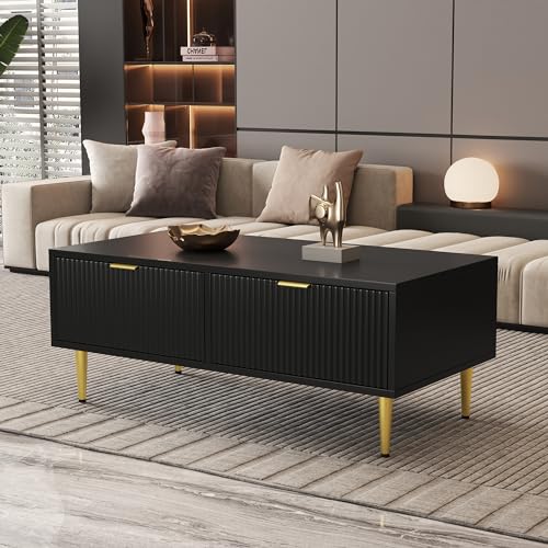 NNJN Eleganter schwarzer Couchtisch mit Golddekoration, 2 Schubladen, vertikales Streifendesign, Couchtisch, Wohnzimmer Aufbewahrungsschrank, Sofa niedriger Tisch,100 * 50 * 40cm (Schwarz+Gold) von NNJN