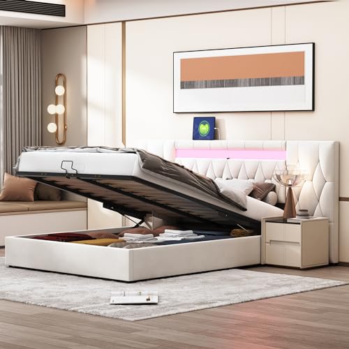 NNJN Elegantes Polsterbett mit großer Rückenlehne, Samtbett mit LED und USB-Steckdose, hydraulisches Stauraumsystem, Bett Classic (Beige, 160x200cm) von NNJN