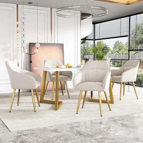 NNJN Essgruppe,(Set,117×68×75cm Esstisch mit 4 Stühlen), Moderner Küchentisch Set,Esszimmerstühle, Küchenstuhl mit Rückenlehne,MDF Tischplatte in Weißer,Golden Tischbeine von NNJN