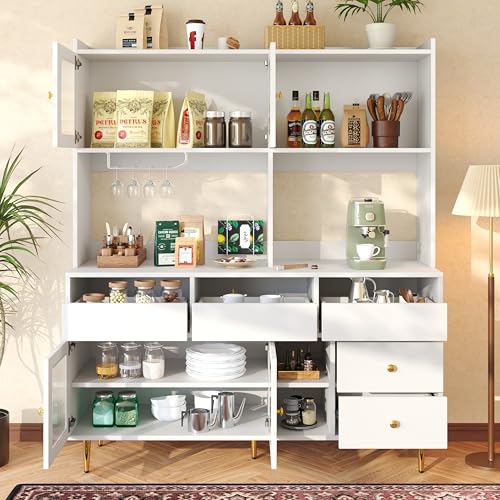 NNJN Esszimmer-Hochschrank (145 x 39 x 171 cm) mit Lochglastüren, Weinglasregal, mehrstufigem Stauraum, edles mit Golddekor, geeignet für den Einsatz im Esszimmer (Weiß) von NNJN