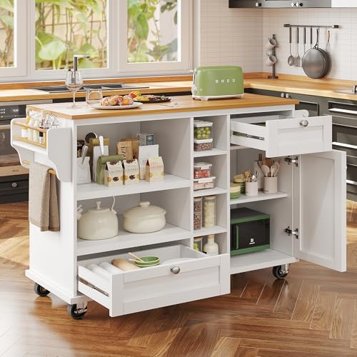 NNJN Esszimmerwagen (129 x 46 x 92 cm), moderner und einfacher, beweglicher Küchen-Esswagen mit Schubladen und Lagerschränken, hellbraune Holzarbeitsplatte, geeignet für Moderne Familien (Weiß) von NNJN