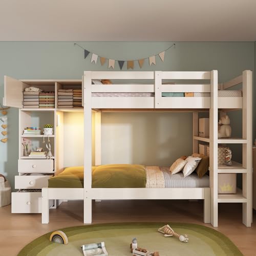 NNJN Etagenbett 90x200 cm mit intelligentem Nachtlicht, Versetztes Design mit Schrank, Regal & Schubladen, Großzügiger Stauraum,Weiß NNJN Etagenbett 90x200 cm mit intelligentem Nachtlicht, Versetztes Design mit Schrank, Regal & Schubladen, Großzügiger Stauraum,Weiß von NNJN