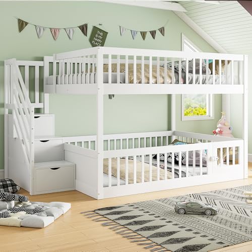 NNJN Etagenbett Kinderbett mit Sicherheitstreppe und Schubladen, Holz Einzelbett mit Stauraumbett für Kinder, Jugendliche (weiß, 140 x200cm) von NNJN