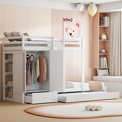 NNJN Etagenbett aus Massivholz 90 * 200 mit Ausziehbett, multifunktionales Kinderbett mit Kleiderschrank, Schubladen und Ablagefach (weiß) von NNJN