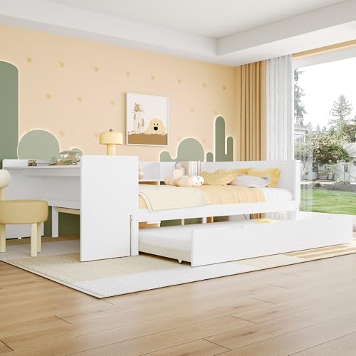 NNJN Flachbett, Holzbett, mit Schreibtisch, mit Rollbett, Doppelbett, mit Regalen, Kiefer+Spanplatte(Ohne Matratze)(weiß(mit Rollbett), 140x200cm) von NNJN