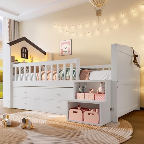 NNJN Halbhohes Bett,90x200cm,Hausform,Fenster,4 Schubladen,LED-Lichtleiste,Lagerleiter,ohne Matratze,Weiß NNJN Halbhohes Bett,90x200cm,Hausform,Fenster,4 Schubladen,LED-Lichtleiste,Lagerleiter,ohne Matratze,Weiß von NNJN