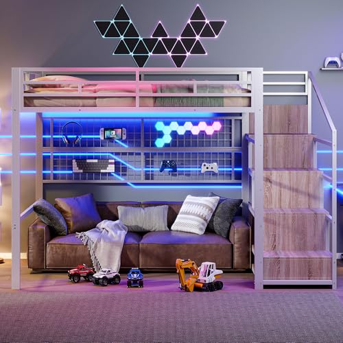 NNJN Hochbett, 140 x 200cm, Eisenrahmen, Kleiderschrank, Stauraumleiter, Gitter zum Aufhängen von Gegenständen, Freifläche unter dem Bett, 7-farbige LED-Leuchten, ohne Matratze (weiß) von NNJN