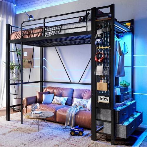 NNJN Hochbett, Eisenrahmen, Mit Trockenstab, Mit Einlegeböden, 4 Schubladen, Mit USB+Type-C Steckdose, LED-Leiste, Geländer, Trittleiter, mit Lochbrett, ohne Matratze, 90 x 200cm (schwarz) von NNJN