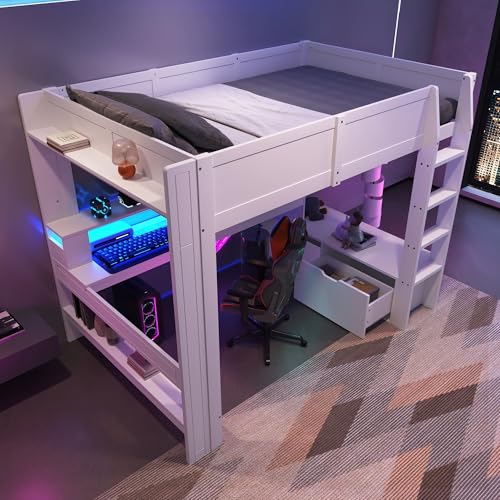 NNJN Hochbett,Gaming Bett mit Schreibtisch, Mit LED-Leuchten, Schreibtisch,Schublade, Regale, ohne Matratze, Weiß (140 * 200cm) von NNJN