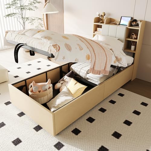 NNJN Holzbett, hydraulisches Bett, Kopfteil mit Stauraum, ausgestattet mit USB- und Tape-C-Steckdose, Einzelbett, Jugendbett, (ohne Matratze) (Holzfarbe, 90 x 200 cm) von NNJN