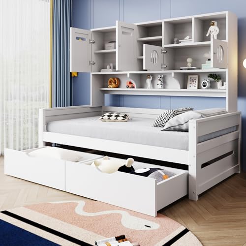 NNJN Holzsofa-Bett 90 x 200 cm, multifunktionaler Stauraum, Einzelbett, Jugendbett, Lattenrost(Ohne Matratze) (weiß mit große Schublade) von NNJN