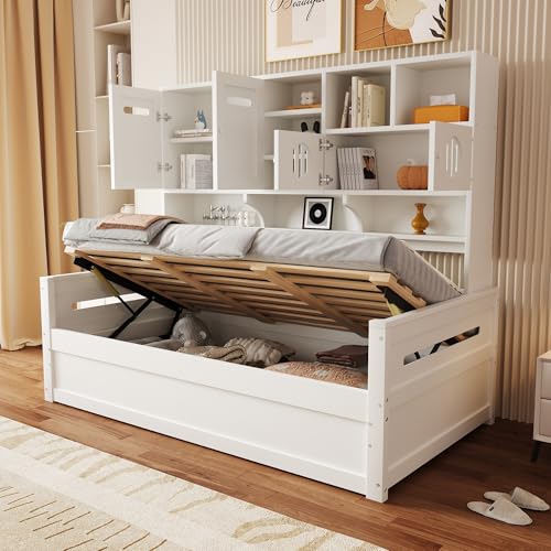 NNJN Holzsofa-Bett 90 x 200 cm, multifunktionaler Stauraum, Einzelbett, Jugendbett, Lattenrost(Ohne Matratze) (weiß mit hydraulisches Bett) von NNJN